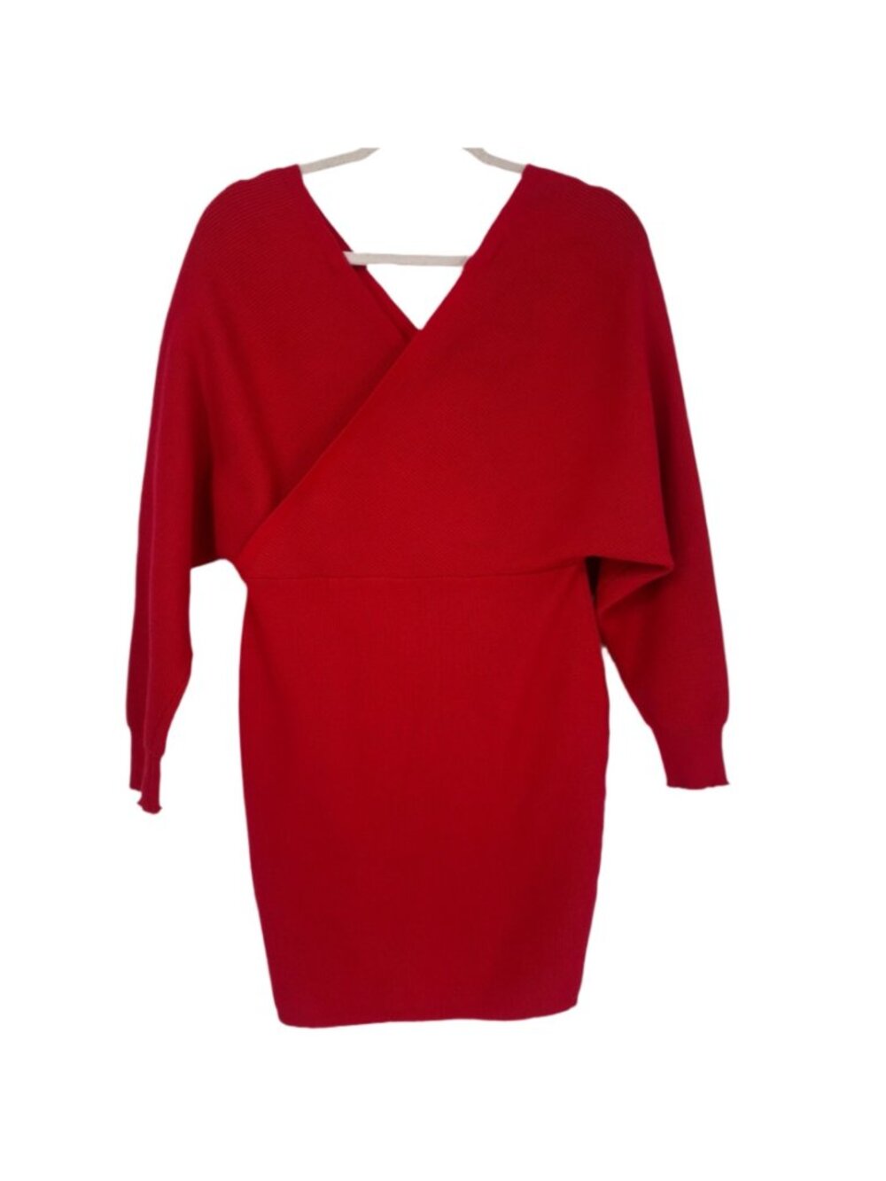 Dress Small Red Wrap Mini Ribbed Knit Sweater Bodycon Batwing Sleeve Party Glam - Picture 2 of 7